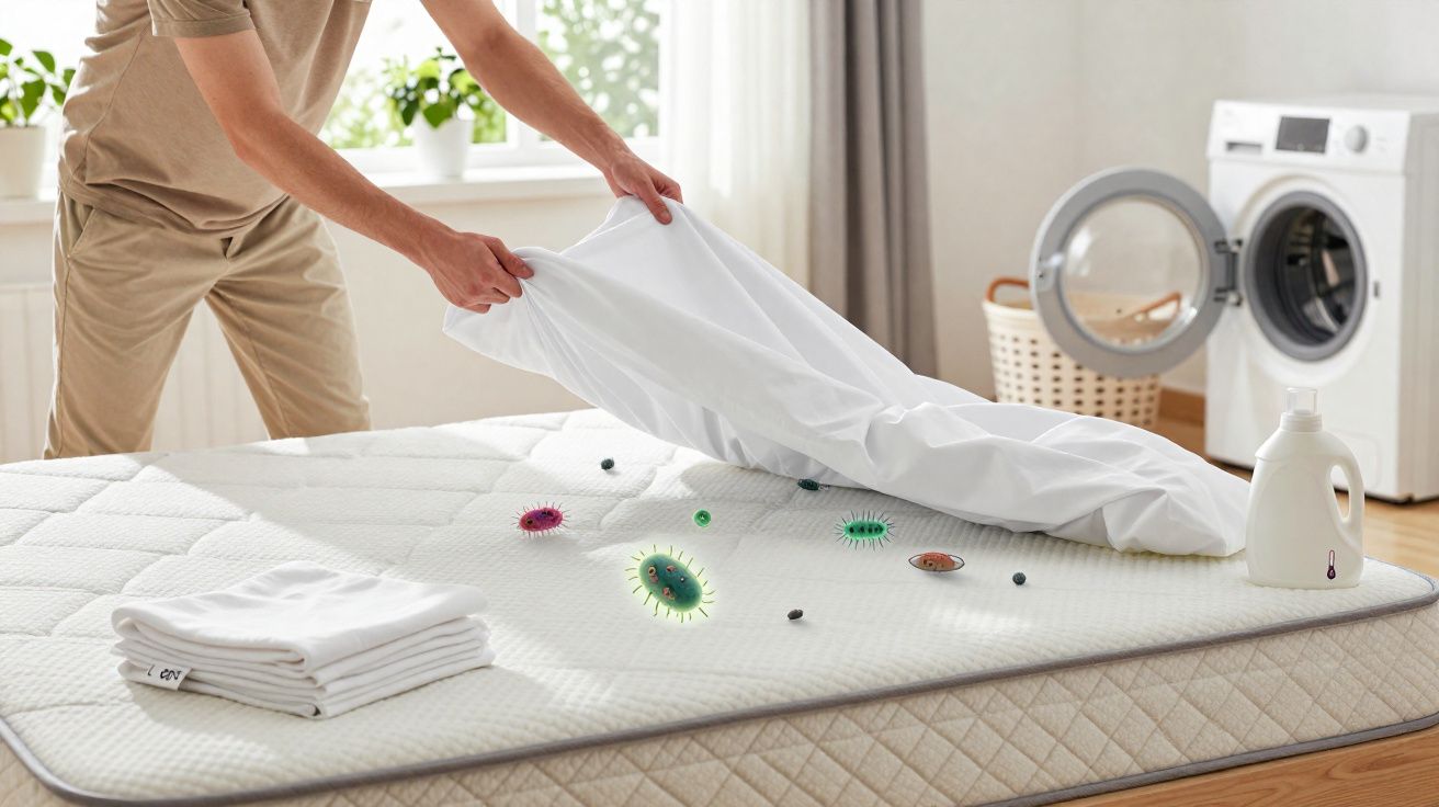 Pessoa trocando lençol de cama com ilustrações de ácaros sobre o colchão branco em quarto claro.