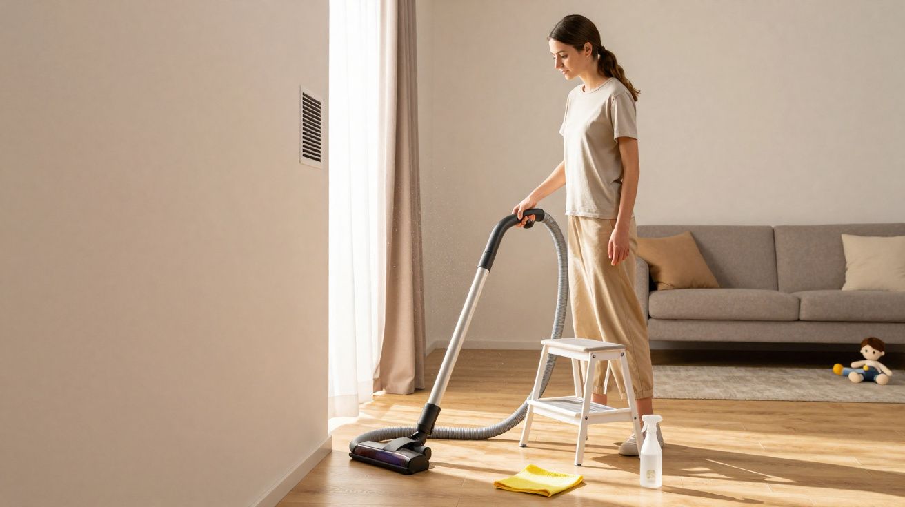 Mulher limpando piso de madeira com aspirador, próximo a sofá cinza e brinquedo no chão.