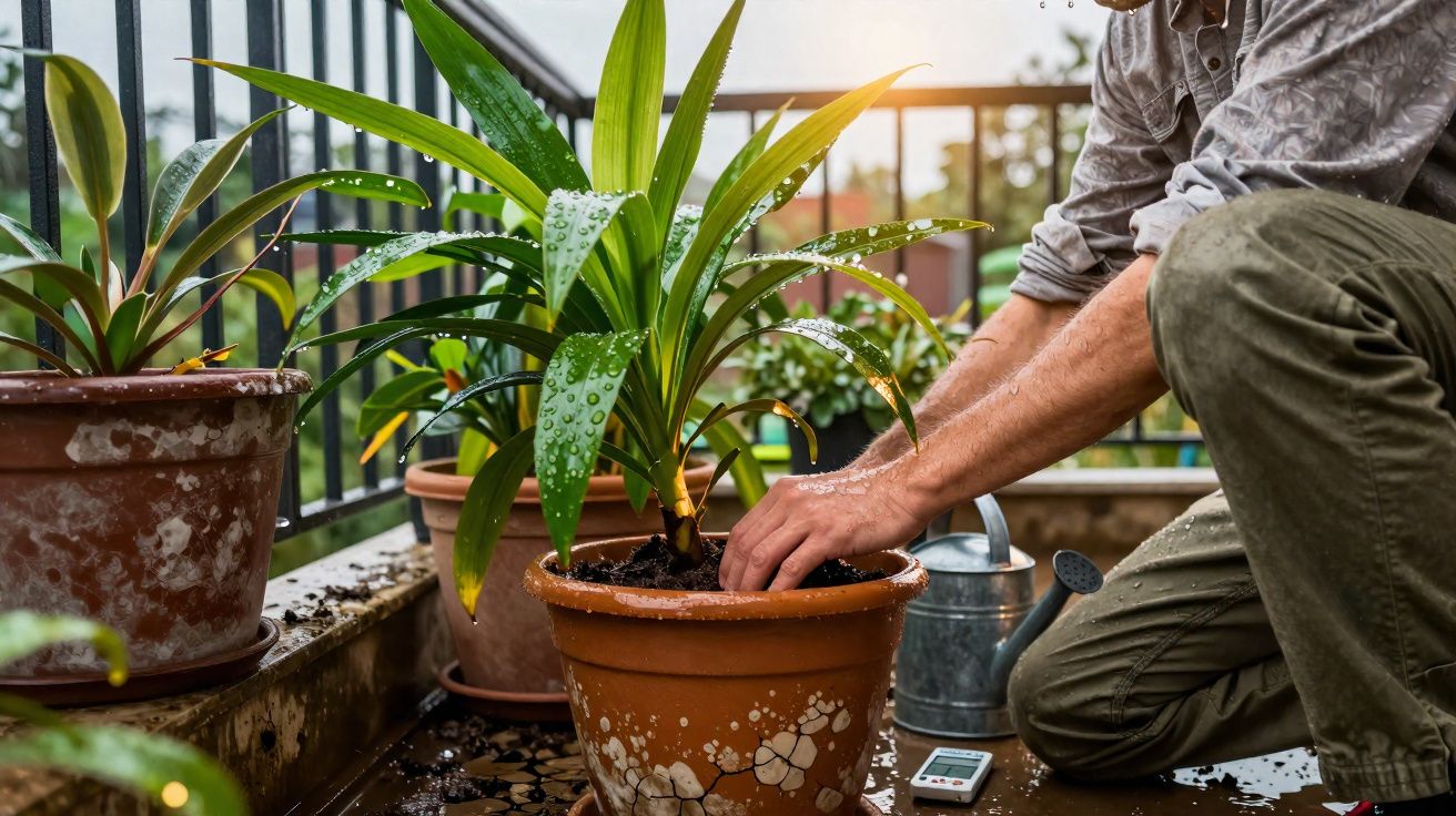 Pessoa cuidando de planta em vaso de cerâmica em varanda, com regador e plantas ao redor, luz do sol ao fundo.