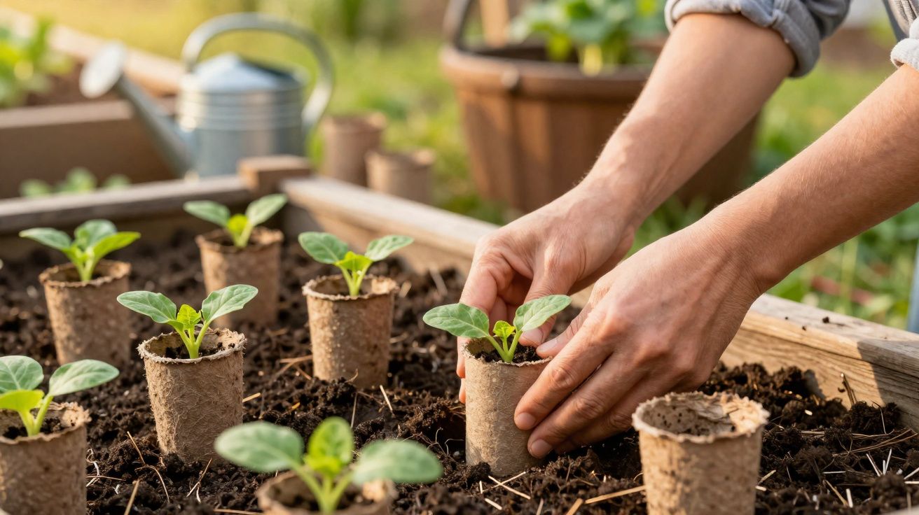 Mãos plantando mudas em pequenos vasos biodegradáveis dentro de uma horta caseira.