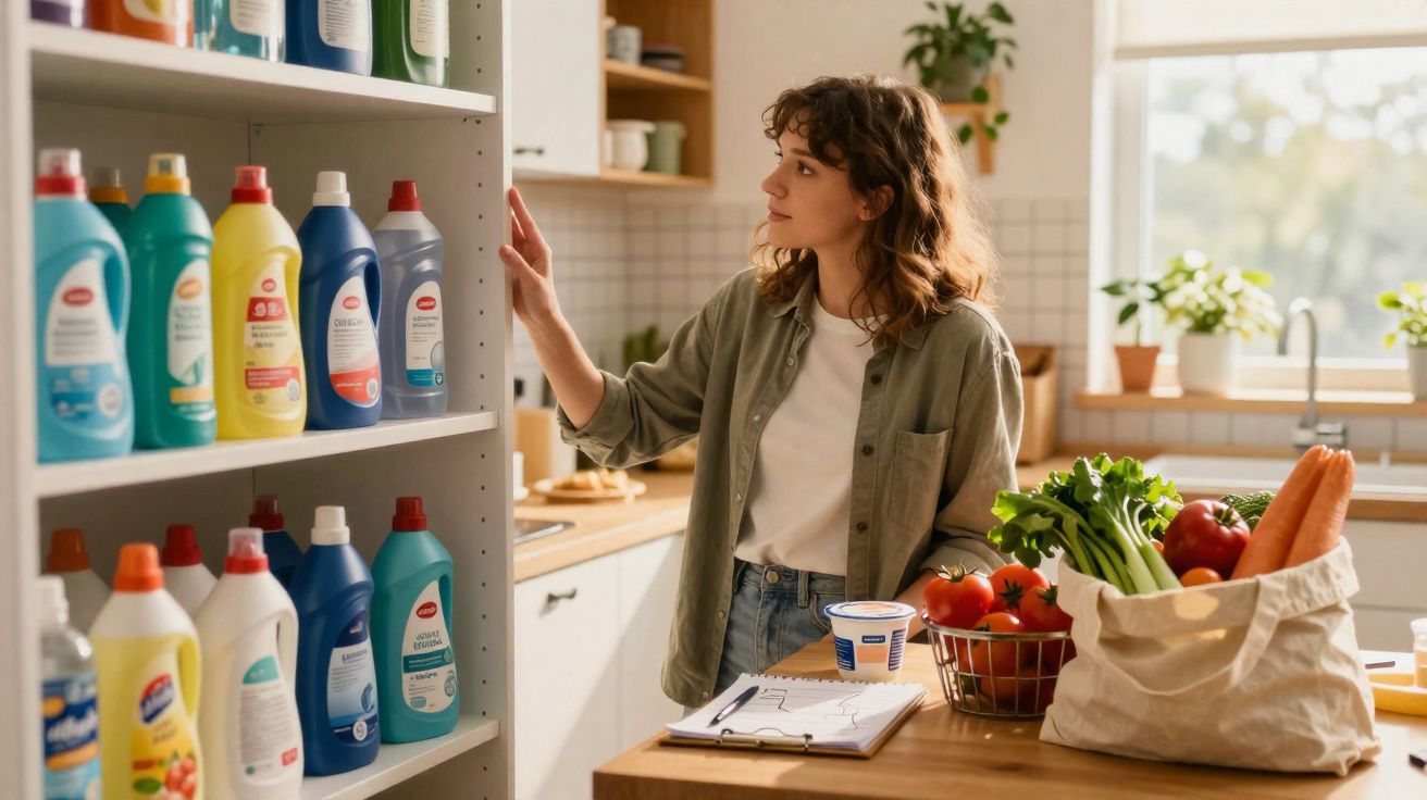 Mulher em cozinha escolhendo produto em prateleira, com sacola de legumes e frutas sobre bancada.