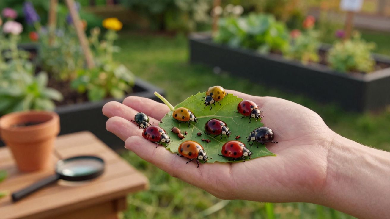 Mão segurando folha verde com diversas joaninhas de cores e formatos variados ao ar livre.