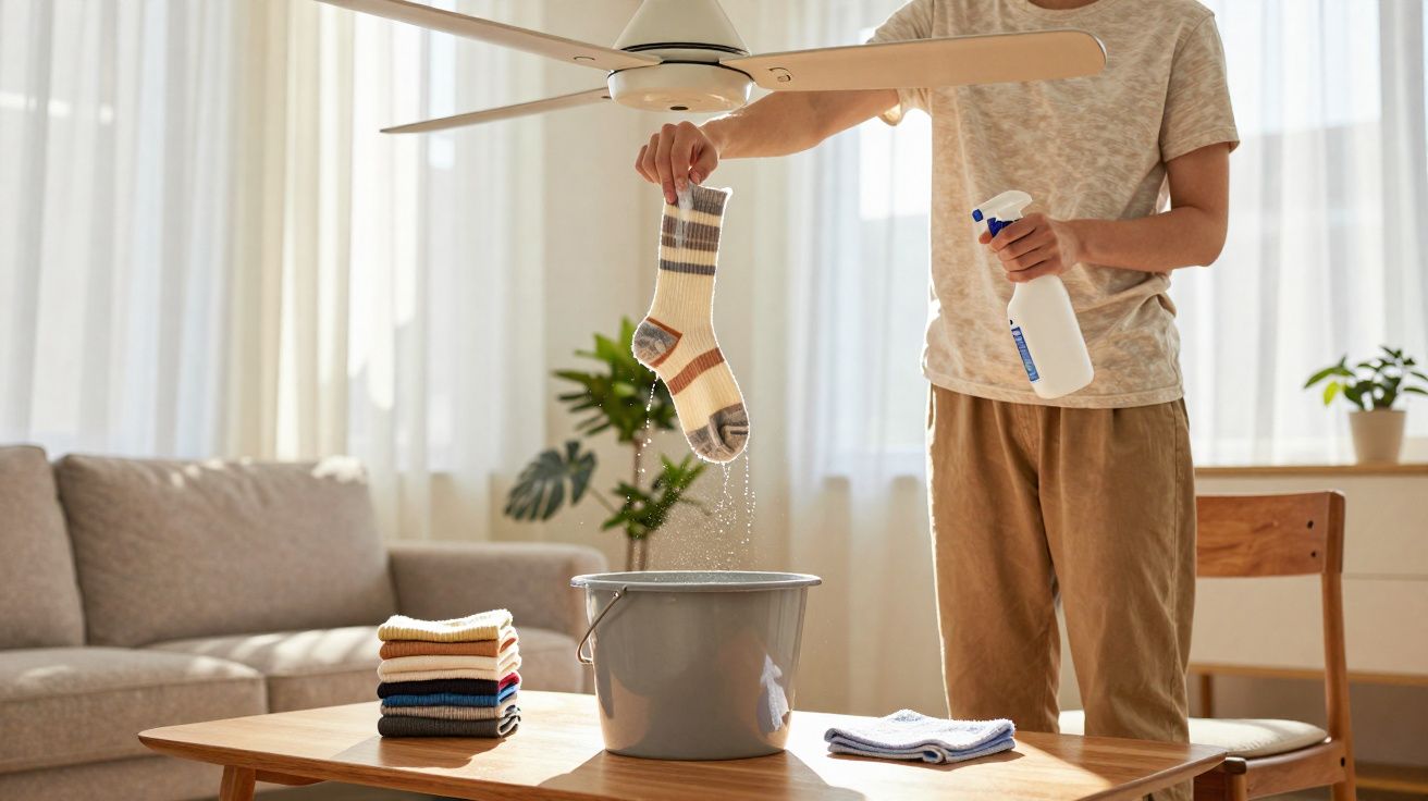 Pessoa torcendo uma meia molhada sobre balde cinza em sala iluminada, com roupas dobradas sobre mesa de madeira.