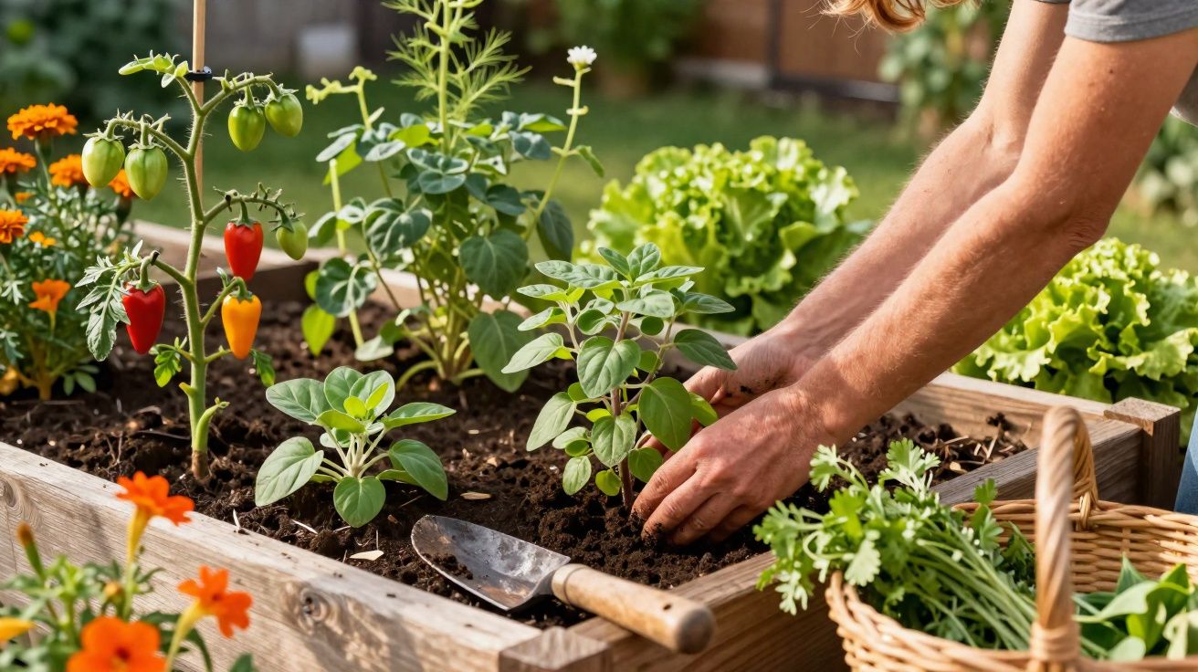 Pessoa plantando ervas em canteiro de madeira em jardim com legumes e flores ao redor.