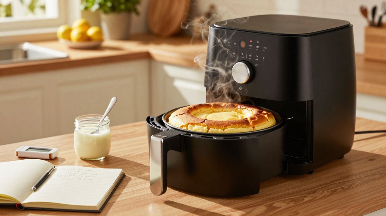 Air fryer preta na bancada da cozinha com bolo quente saindo da cesta, ao lado iogurte e caderno aberto.