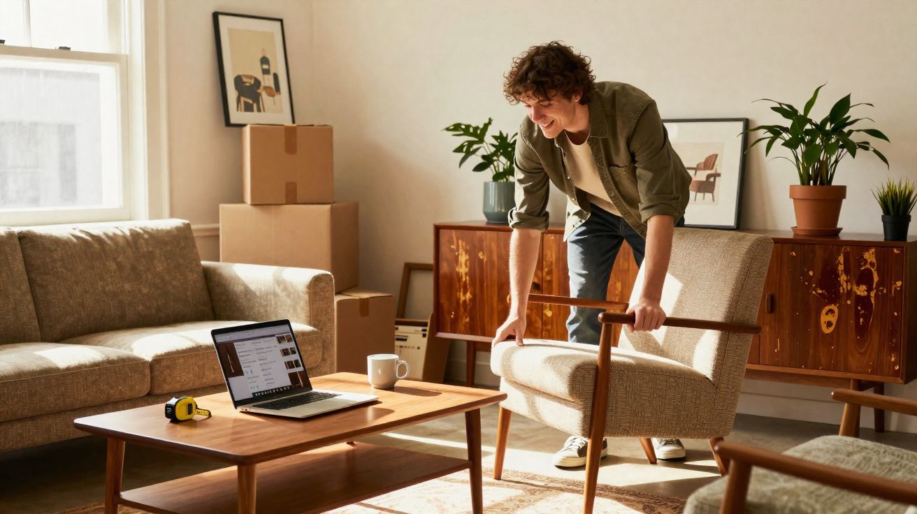 Homem arrumando cadeira em sala de estar iluminada com sofá, mesa, laptop e caixas de mudança.