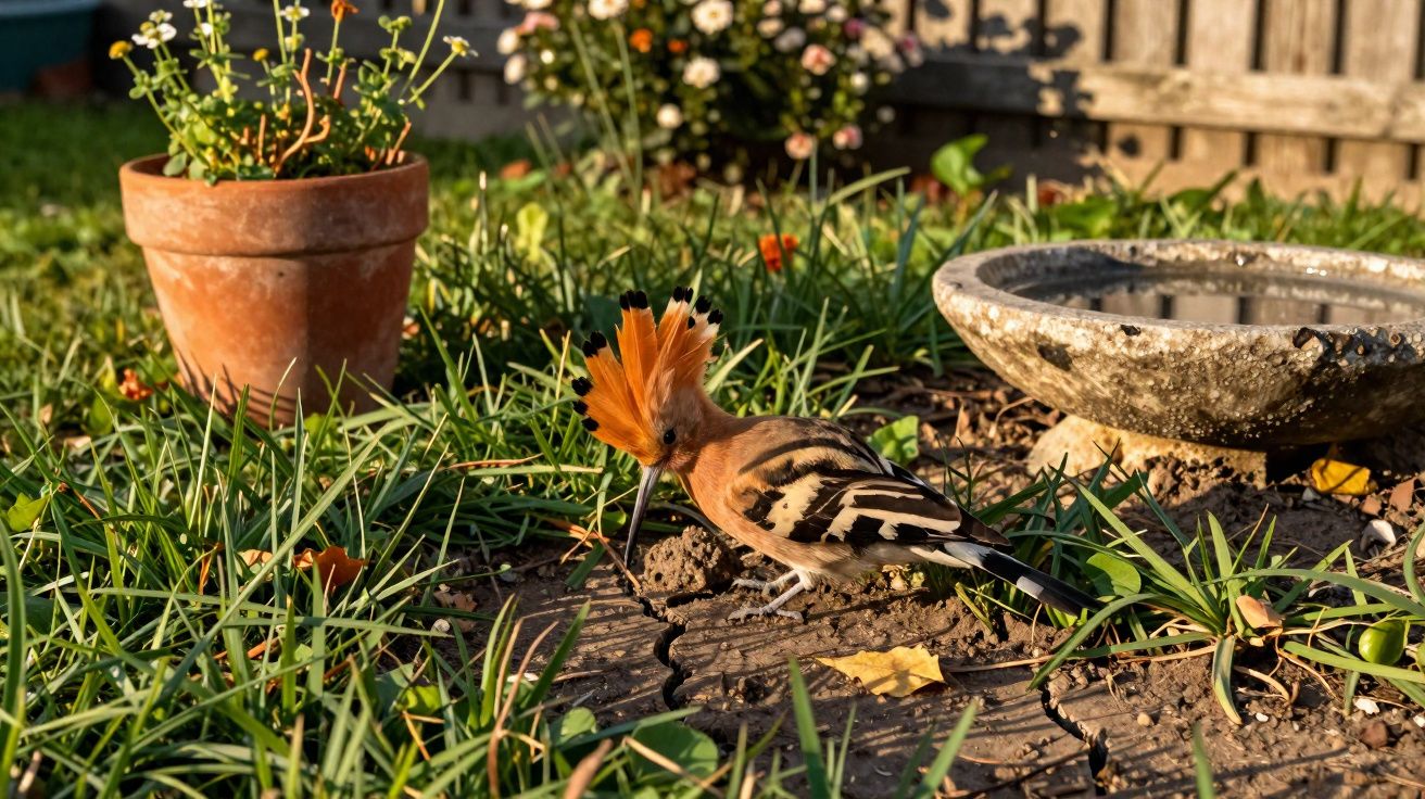 Pássaro João-de-barro com crista laranja e preta no jardim próximo a vaso de barro e bebedouro de pedra.
