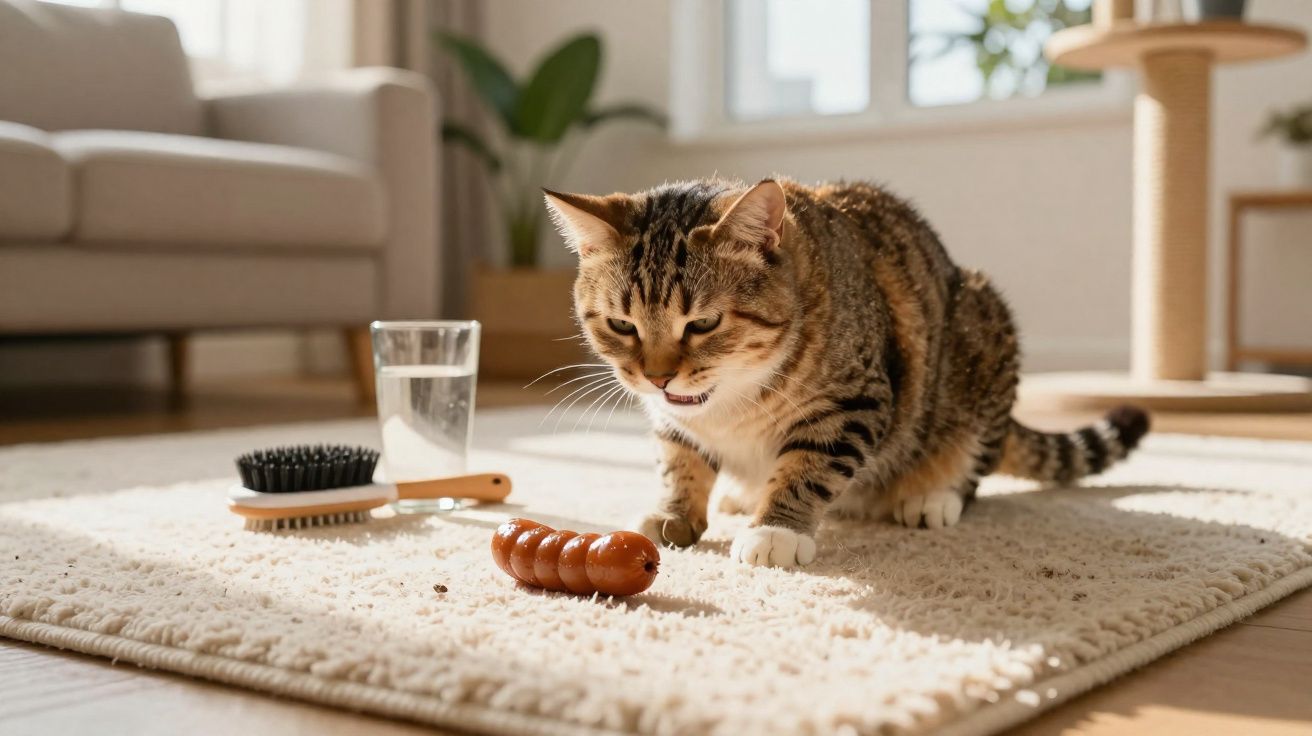 Gato mordendo linguiça sobre tapete bege em sala iluminada, com escova e copo d'água ao lado.