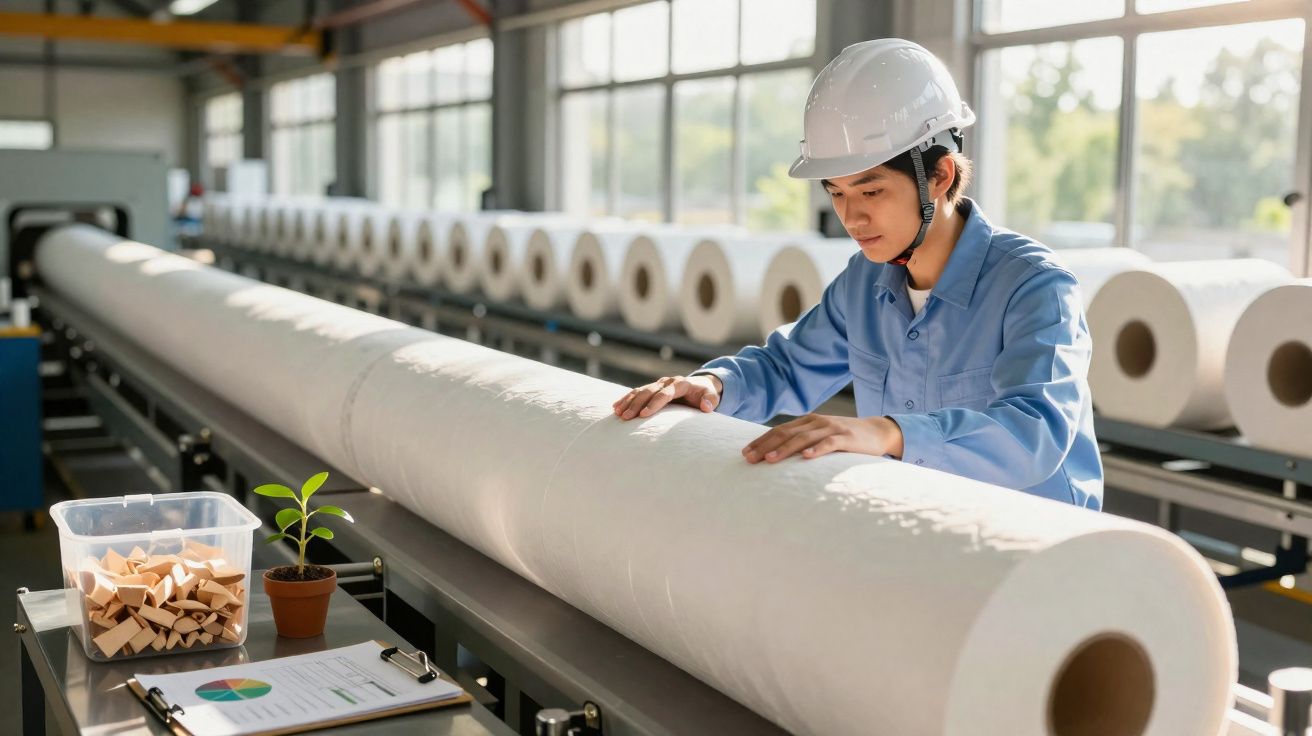 Trabalhador com capacete inspeciona grande bobina de papel em fábrica com plantas e gráficos ao lado.