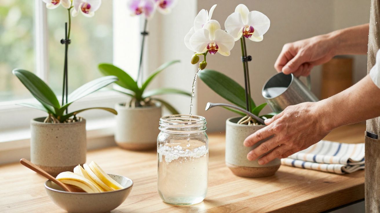 Pessoa regando orquídea branca com regador metálico em vaso sobre mesa de madeira clara.