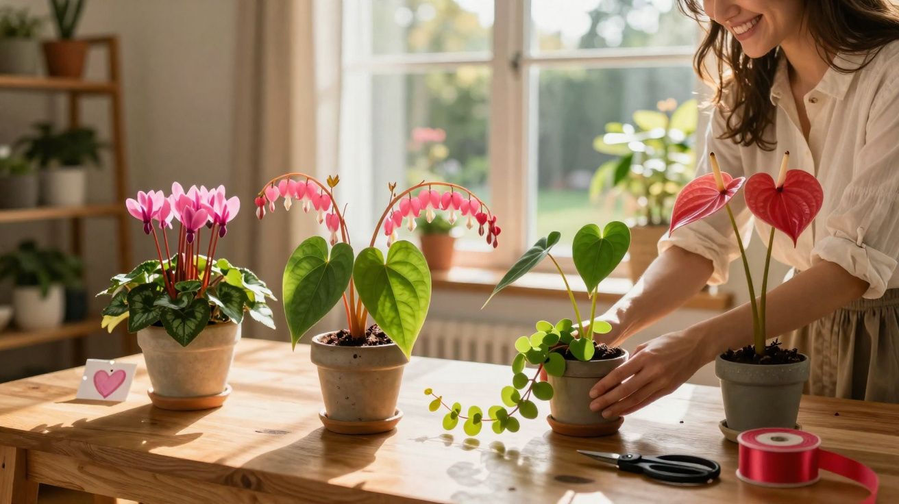 Mulher cuidando de vasos com plantas floridas e folhas verdes sobre mesa de madeira.