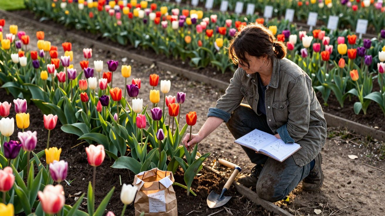 Mulher agachada cuidando de tulipas coloridas em canteiro de jardim com ferramentas e caderno.