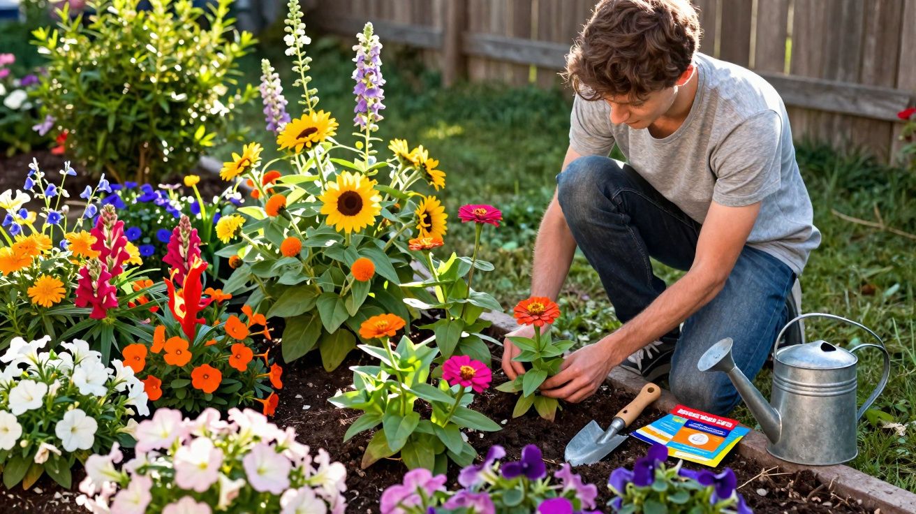 Homem cuidando de flores coloridas em canteiro de jardim ao ar livre em dia ensolarado.