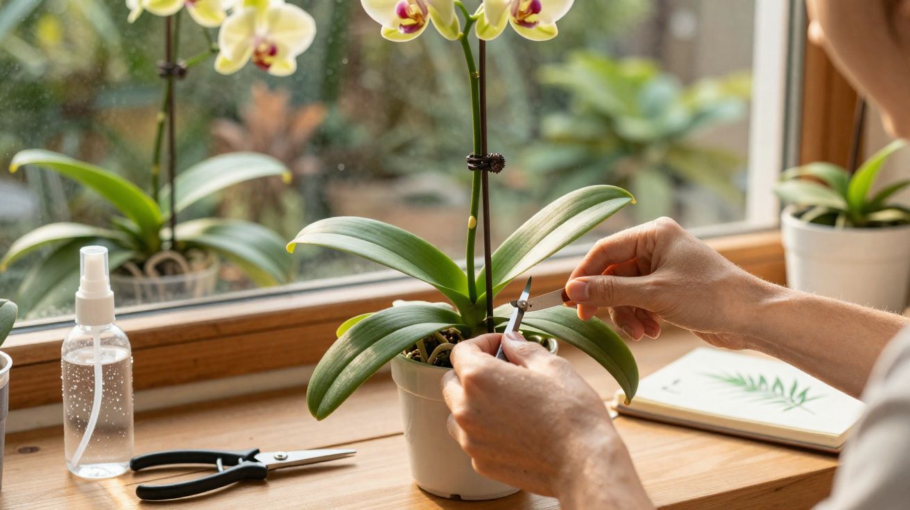 Pessoa cuidando de orquídea amarela em vaso branco sobre banco de madeira próximo a janela.