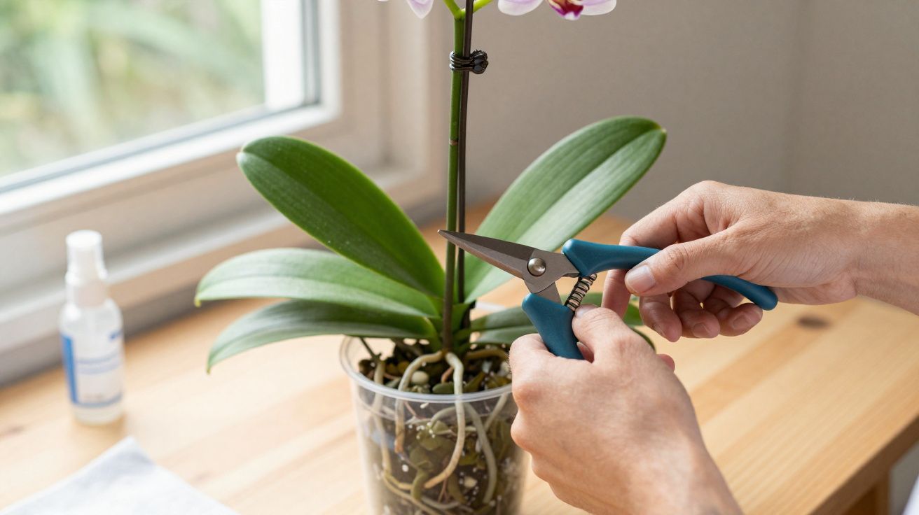 Mãos segurando tesoura para podar orquídea em vaso transparente sobre mesa de madeira perto da janela.