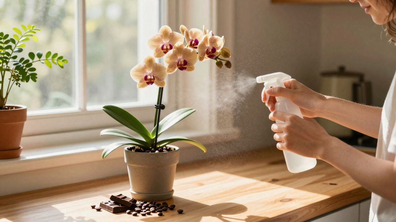 Pessoa borrifando água em orquídea branca em vaso sobre bancada de madeira com janela ao fundo.