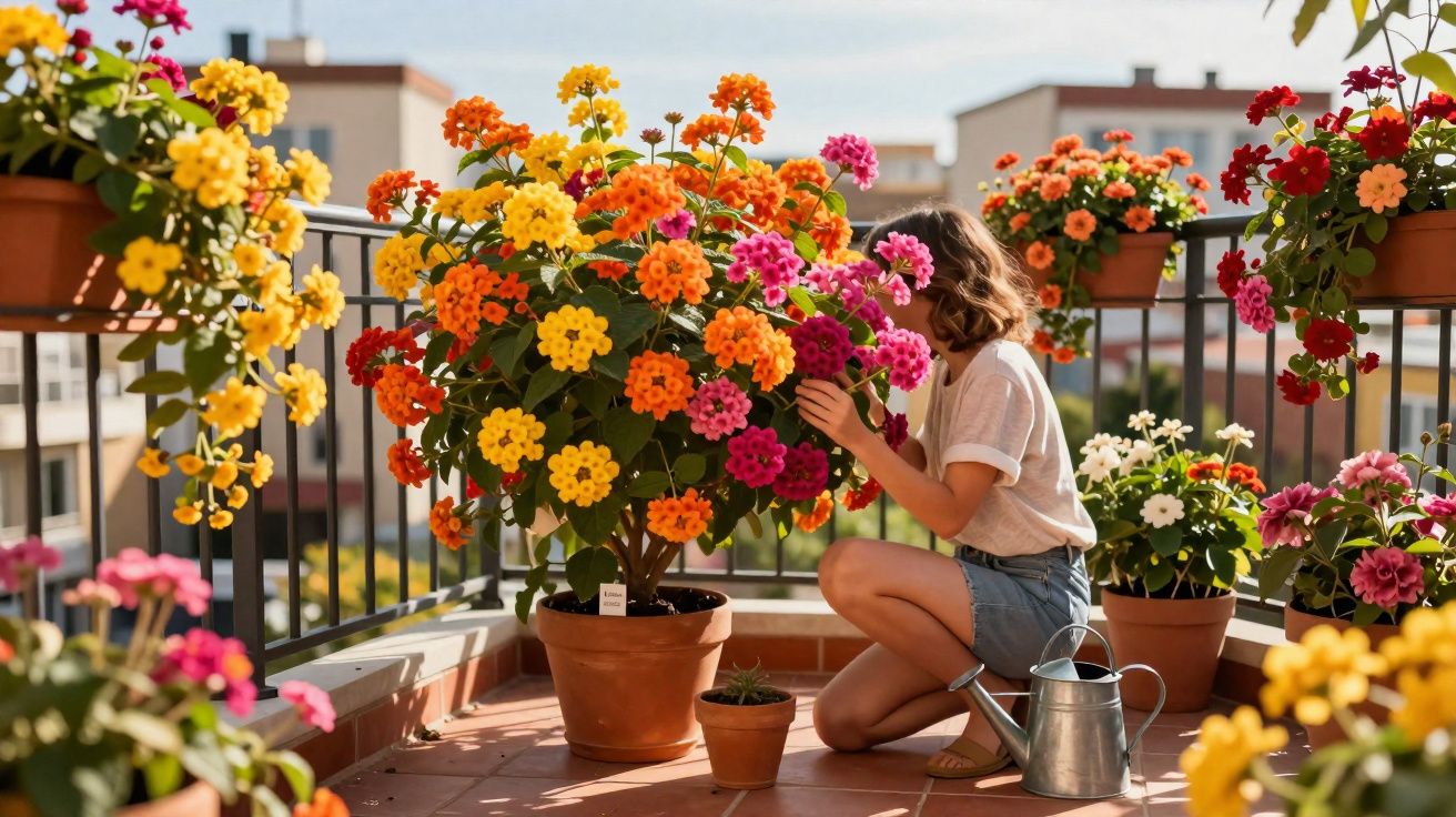 Mulher cuidando de flores coloridas em vasos no terraço ensolarado de um apartamento.