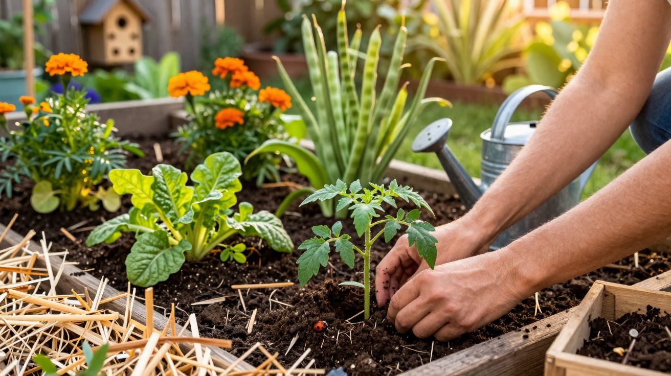 Mãos plantando muda de tomate em canteiro com outras plantas e flores ao redor.