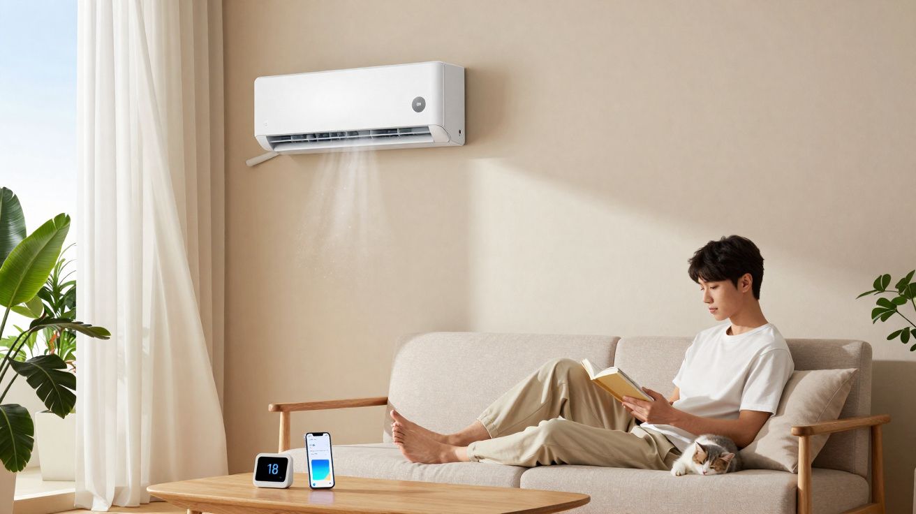 Homem relaxando no sofá lendo livro com ar-condicionado ligado e gato ao lado em sala iluminada.
