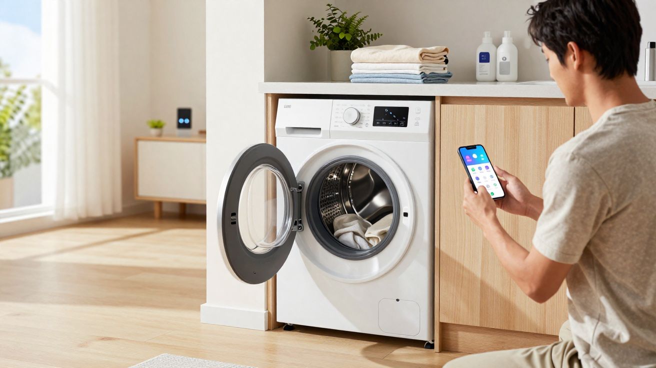 Homem usando celular para controlar máquina de lavar roupa branca com porta aberta em lavanderia.