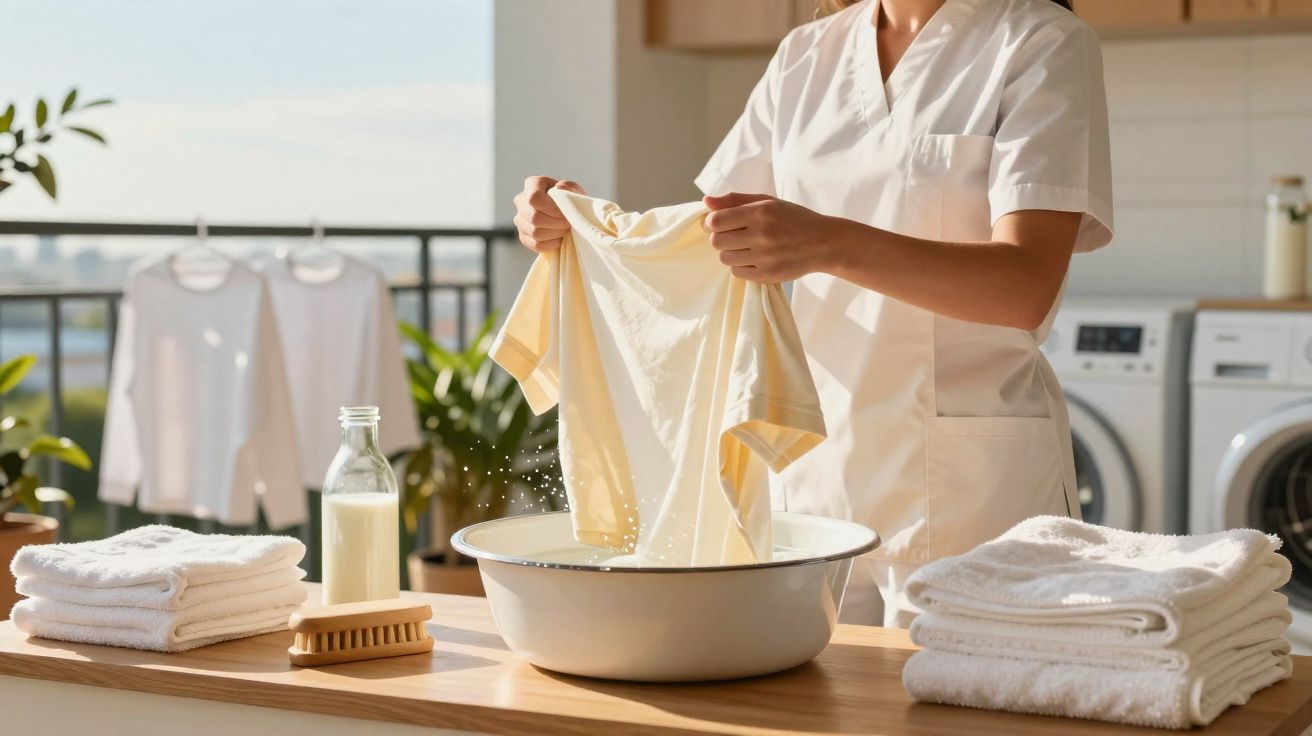 Pessoa lavando roupa à mão em bacia, com toalhas dobradas e produtos de limpeza em lavanderia.