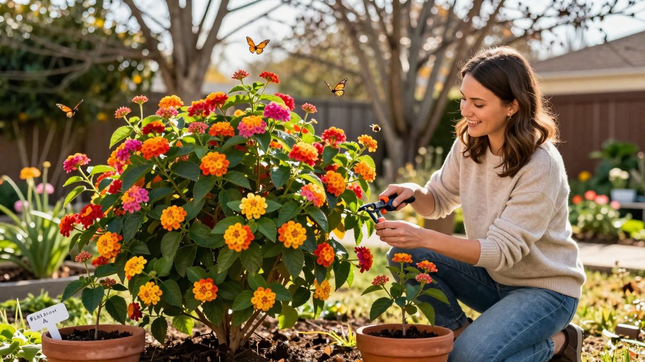 Mulher cuidando de flores coloridas em jardim ao ar livre com borboletas voando ao redor.