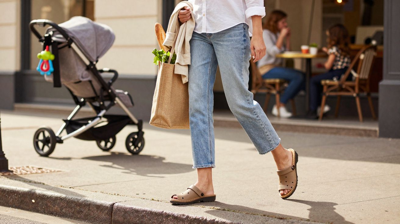 Pessoa caminhando na calçada com sacola de compras e carrinho de bebê estacionado ao fundo.