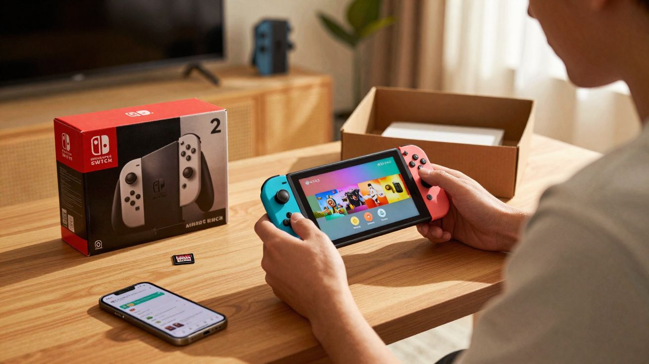 Pessoa segurando um Nintendo Switch com controles coloridos, ao lado da caixa do videogame e um celular sobre a mesa.