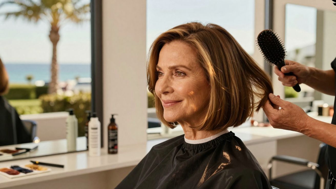 Mulher sorrindo enquanto penteiam seu cabelo em salão de beleza iluminado pela luz natural.