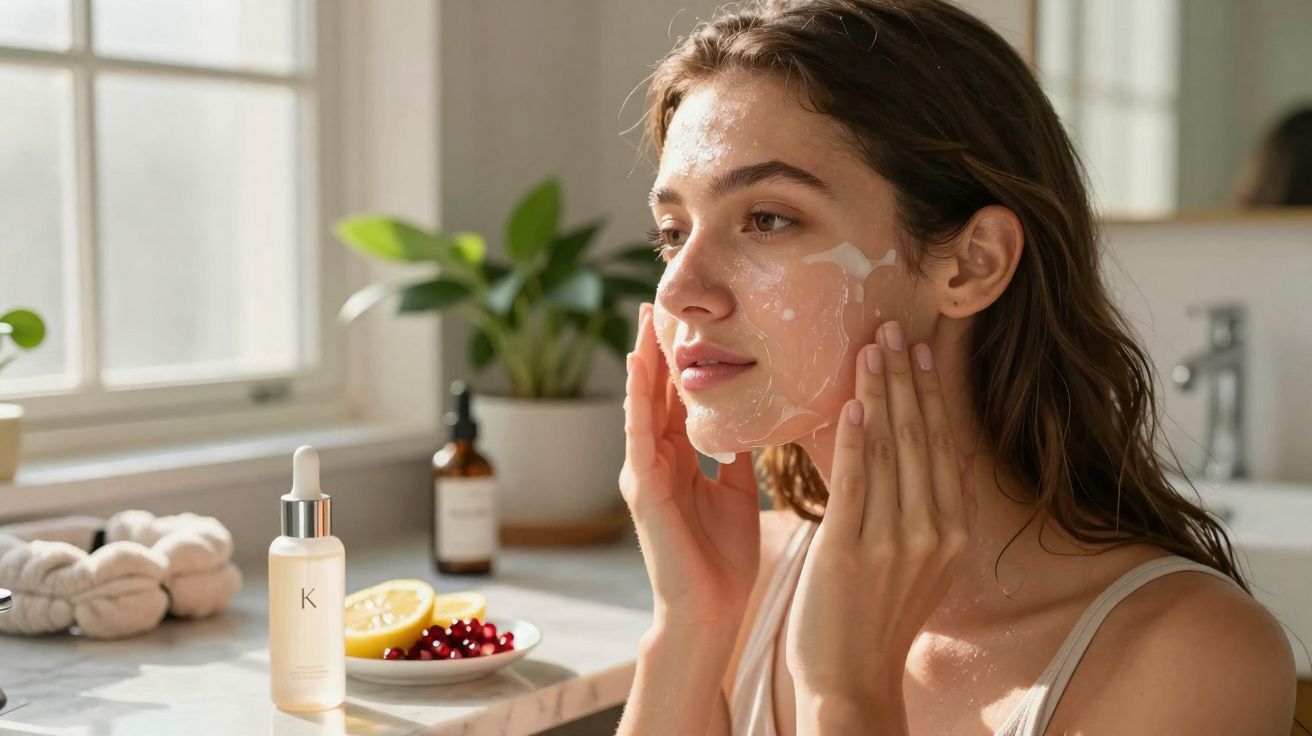 Mulher aplicando creme facial em banheiro iluminado, com produtos de skincare em bancada ao fundo.