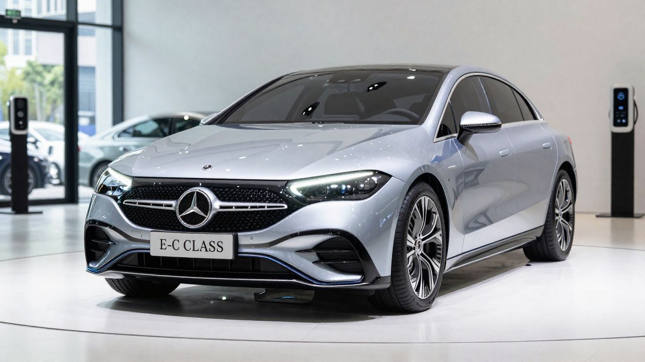 Carro prata Mercedes-Benz E-Class estacionado em showroom moderno com piso branco.