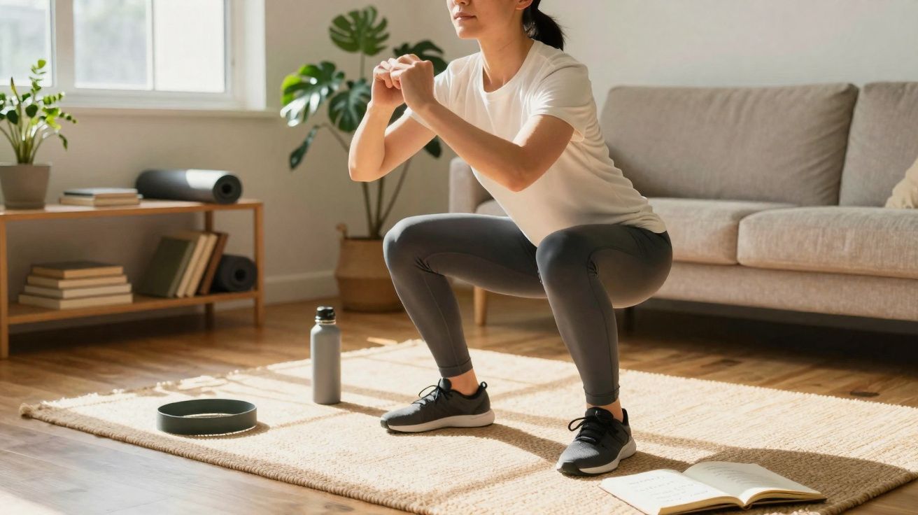 Mulher fazendo agachamento em sala de estar, ao lado de livros e garrafa de água, em ambiente iluminado.