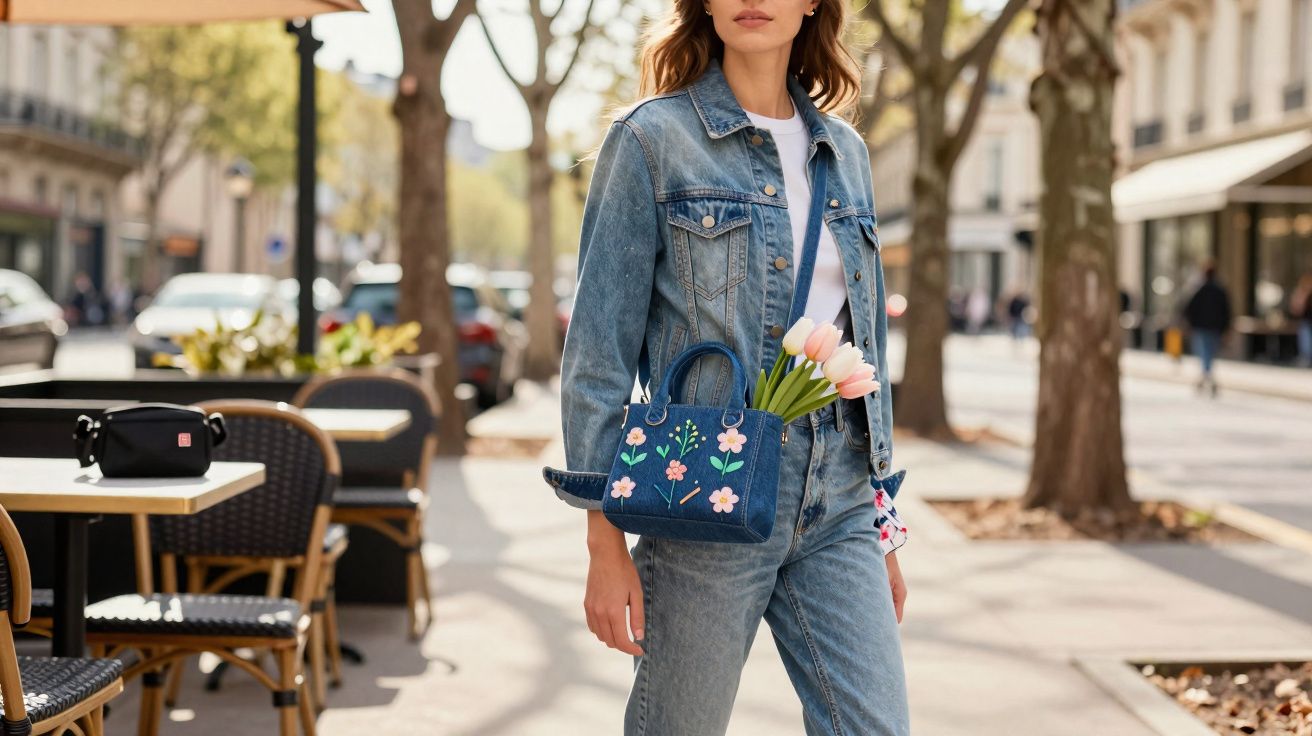 Mulher vestindo jaqueta e calça jeans, segurando bolsa azul com flores e tulipas rosas, em rua ensolarada.