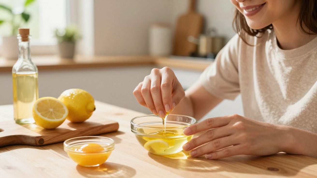 Mulher quebrando ovo em tigela de vidro na mesa de madeira com limões ao fundo.