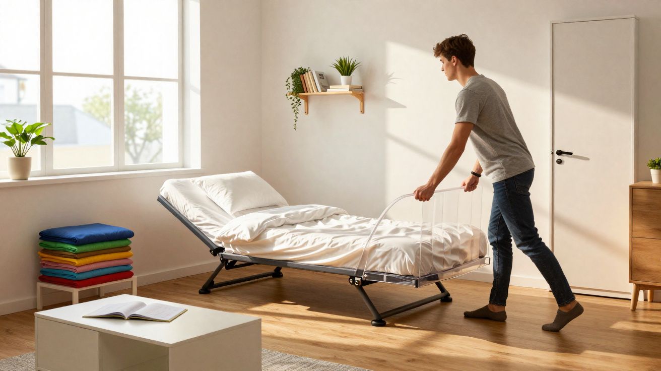 Jovem ajustando cama retrátil em quarto iluminado com decoração simples e planta na parede.