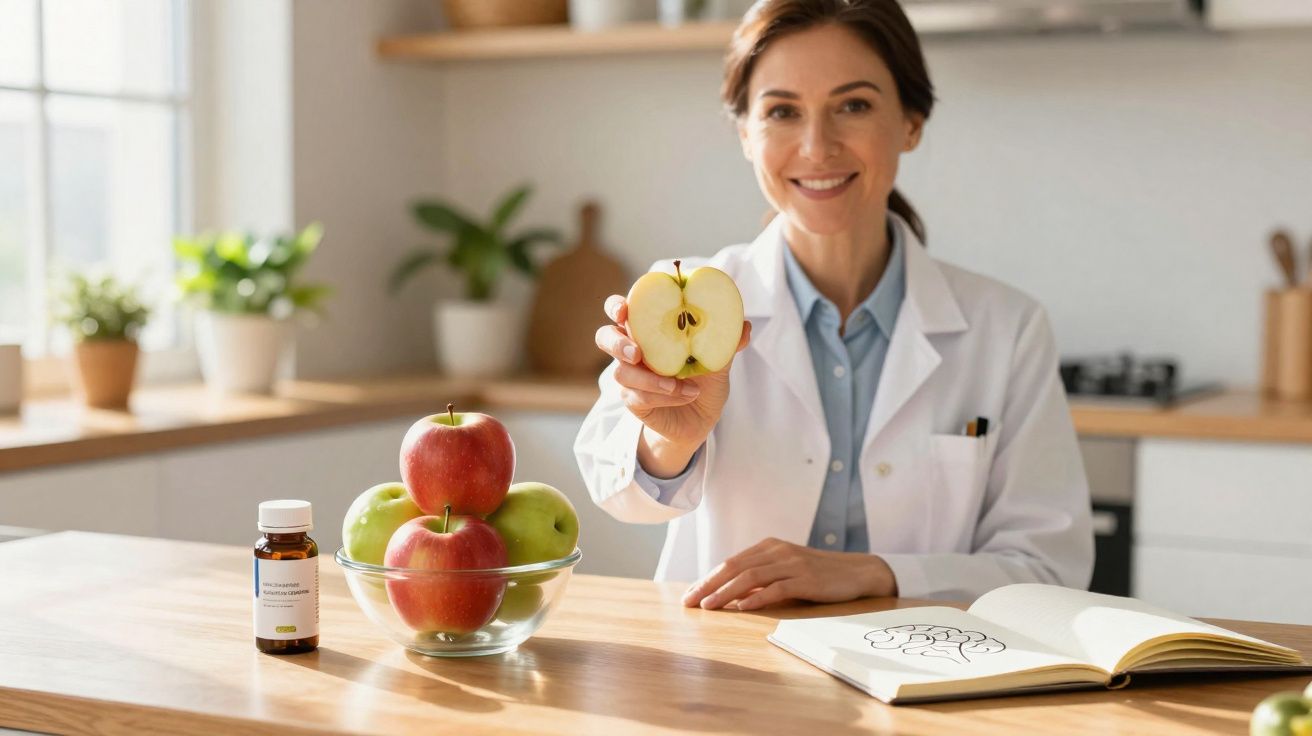 Nutricionista sorridente segura metade de uma maçã mostrando para a câmera em cozinha iluminada.