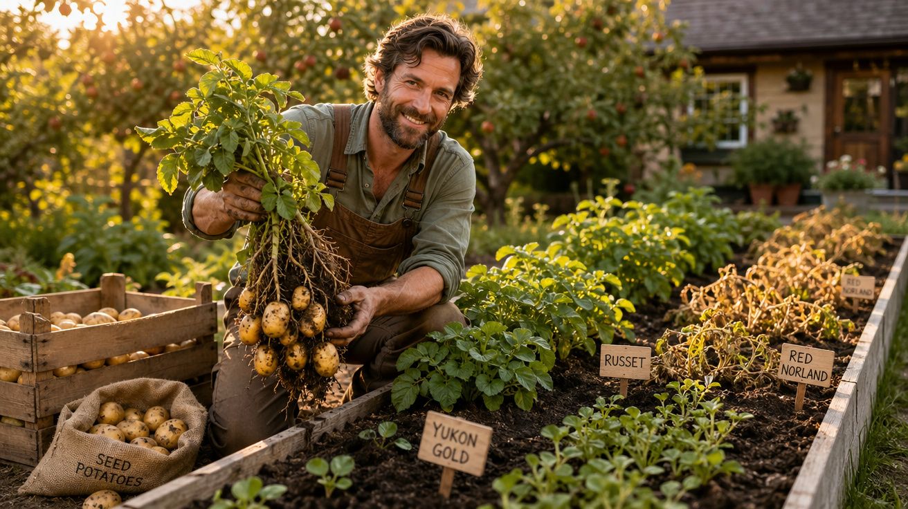 Homem colhendo batatas em horta ao ar livre, com cesta e placas de diferentes tipos de batatas.