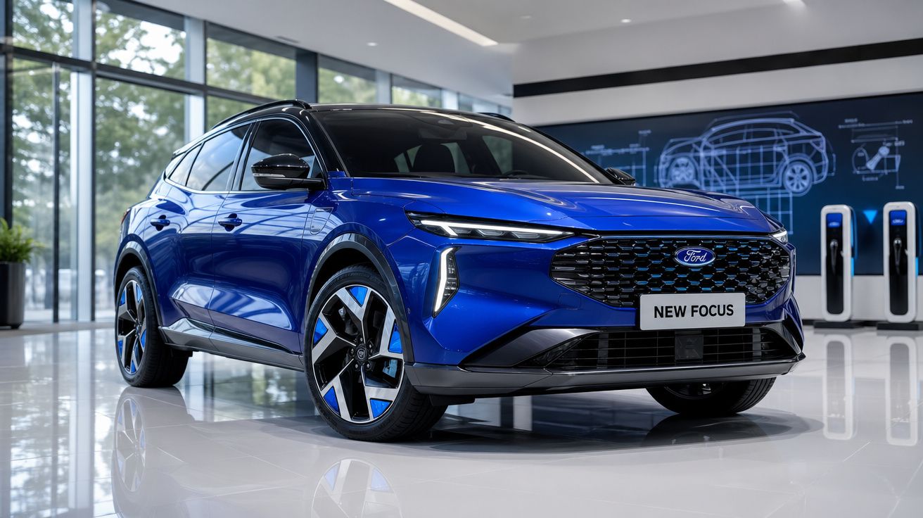 Carro azul Ford New Focus elétrico exposto em showroom moderno com grandes janelas e desenho técnico ao fundo.