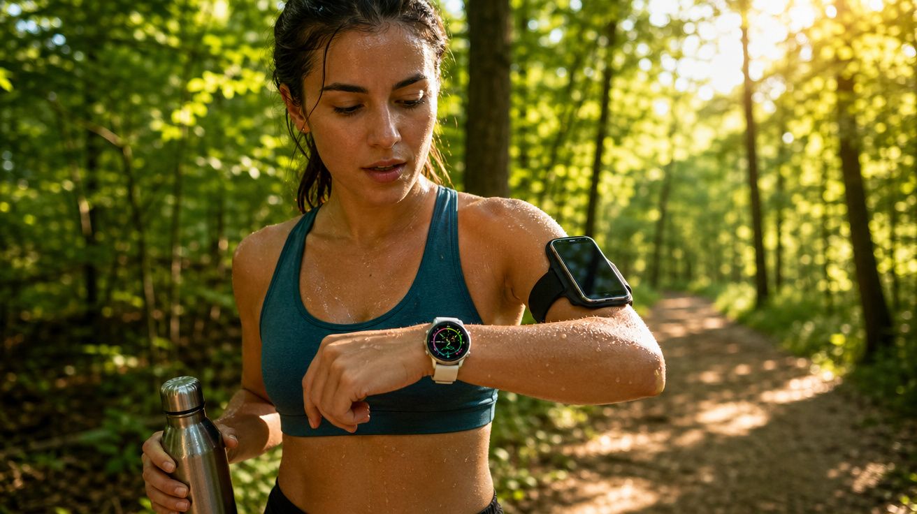 Mulher suada com roupa esportiva verifica relógio inteligente em trilha ensolarada na floresta segurando garrafa.