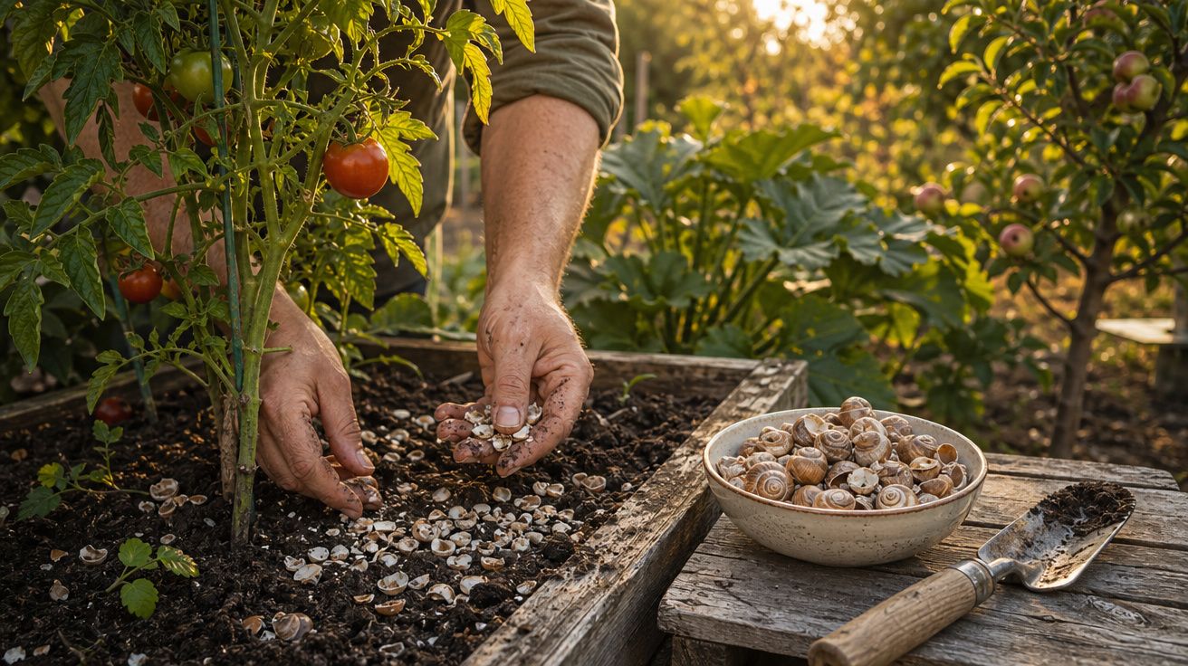 Mãos espalhando cascas de caracóis na terra próxima a uma planta de tomate em jardim ao pôr do sol.