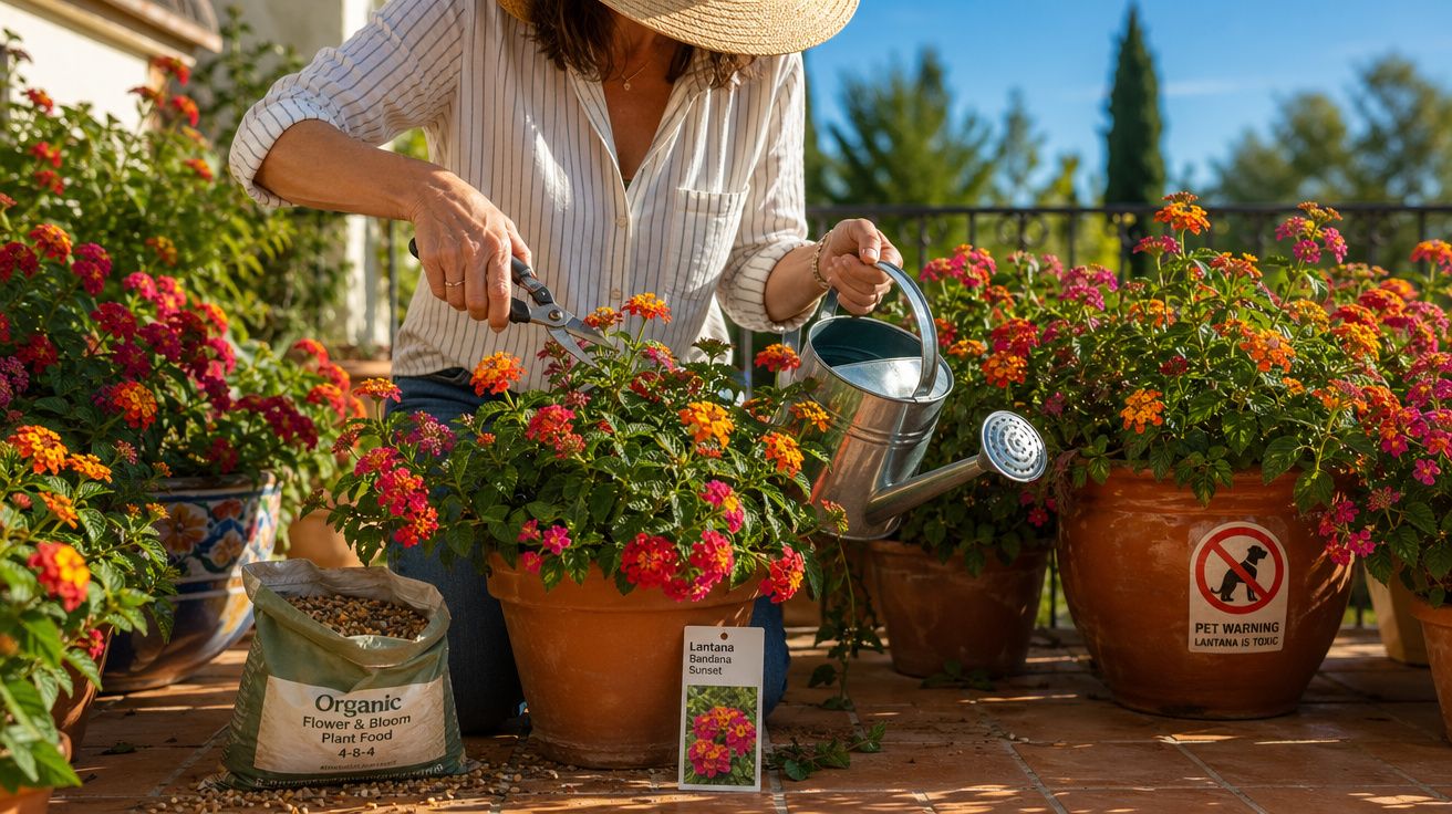 Pessoa regando e podando flores coloridas em vasos de cerâmica em varanda ensolarada.