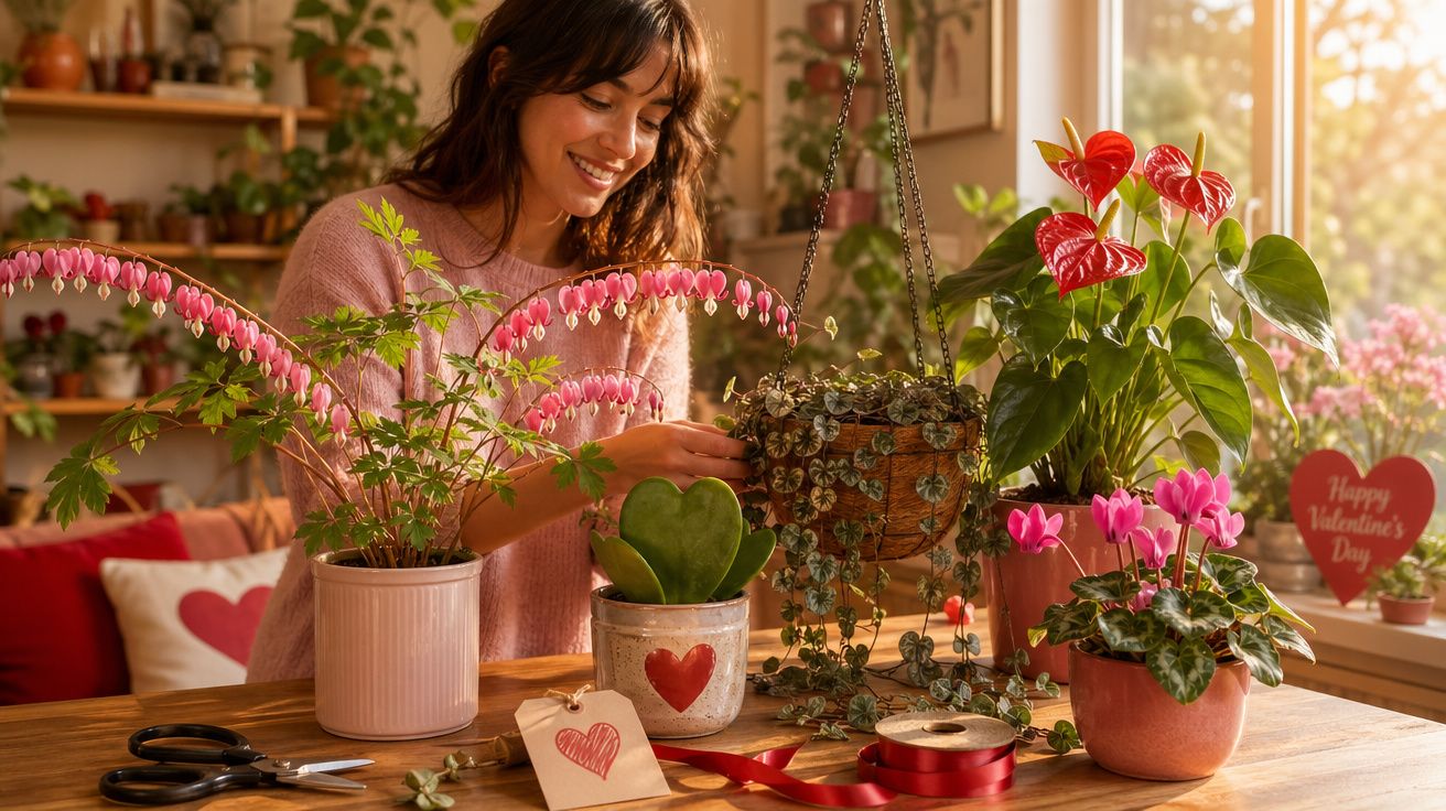 Mulher cuidando de plantas em vaso, mesa com flores e decoração temática de Dia dos Namorados.