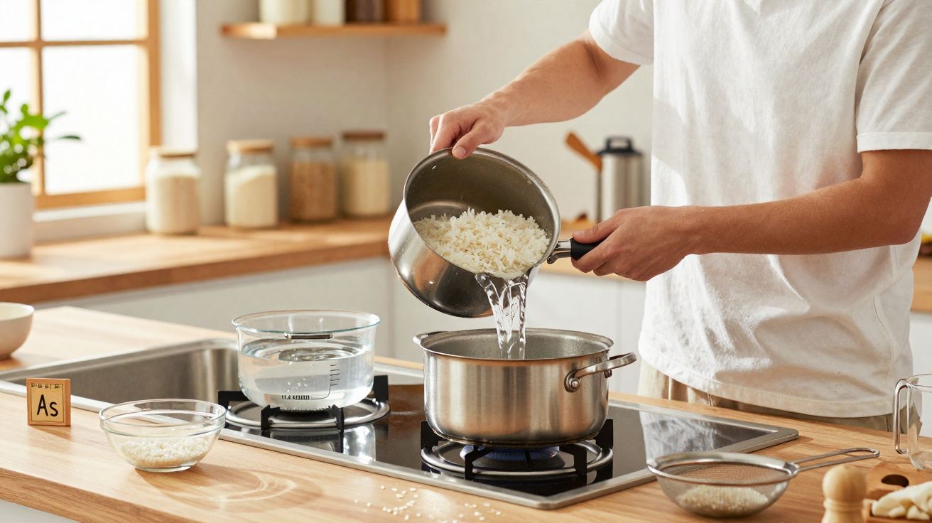 Pessoa despejando arroz cozido em panela de inox sobre fogão em cozinha iluminada por janela.