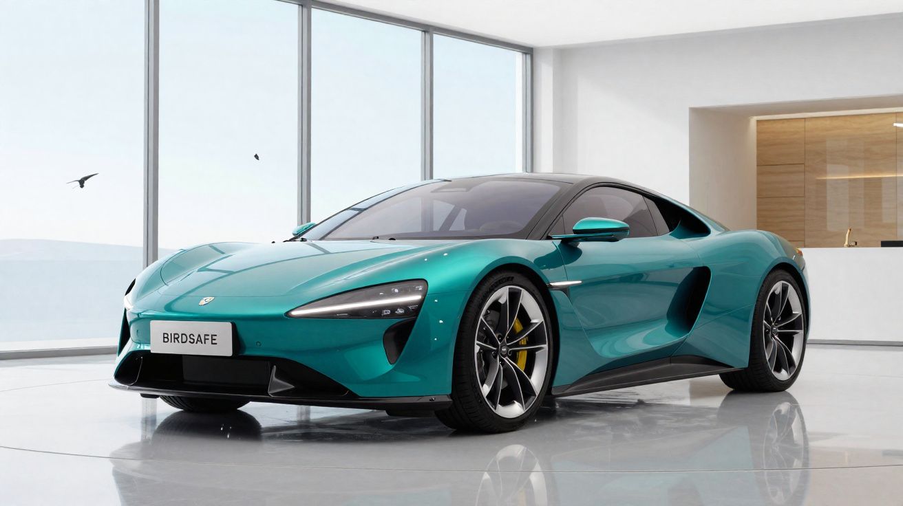 Carro esportivo verde em ambiente interno com grandes janelas e piso refletivo, placa BIRDSAFE.