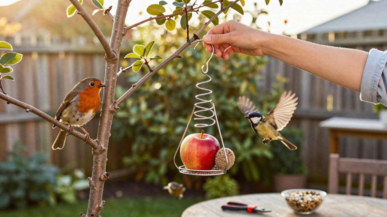Pessoa pendura comedouro com maçã para pássaro próximo a um pássaro pousado em árvore no jardim.