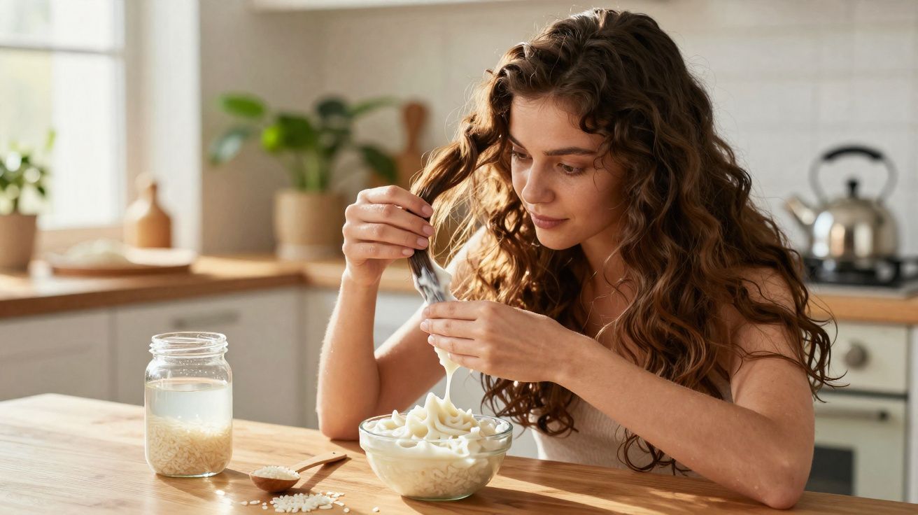 Mulher com cabelo cacheado pegando iogurte em tigela na cozinha iluminada pela luz natural.