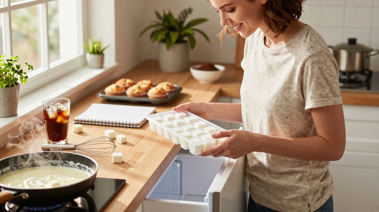 Mulher na cozinha segurando forma de gelo perto de fogão com panela e bancada com muffins e bebida gelada.
