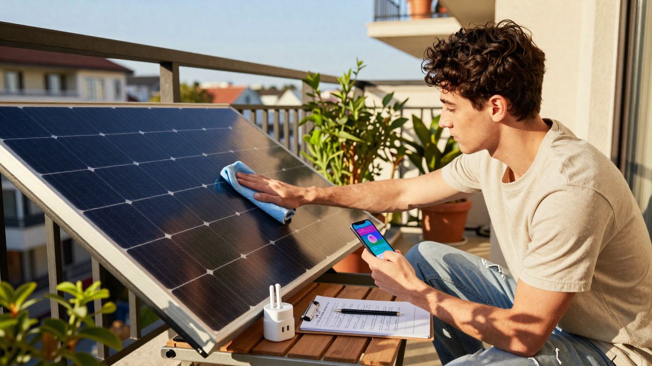 Jovem limpando painel solar na varanda, segurando celular com aplicativo aberto e prancheta com anotações.