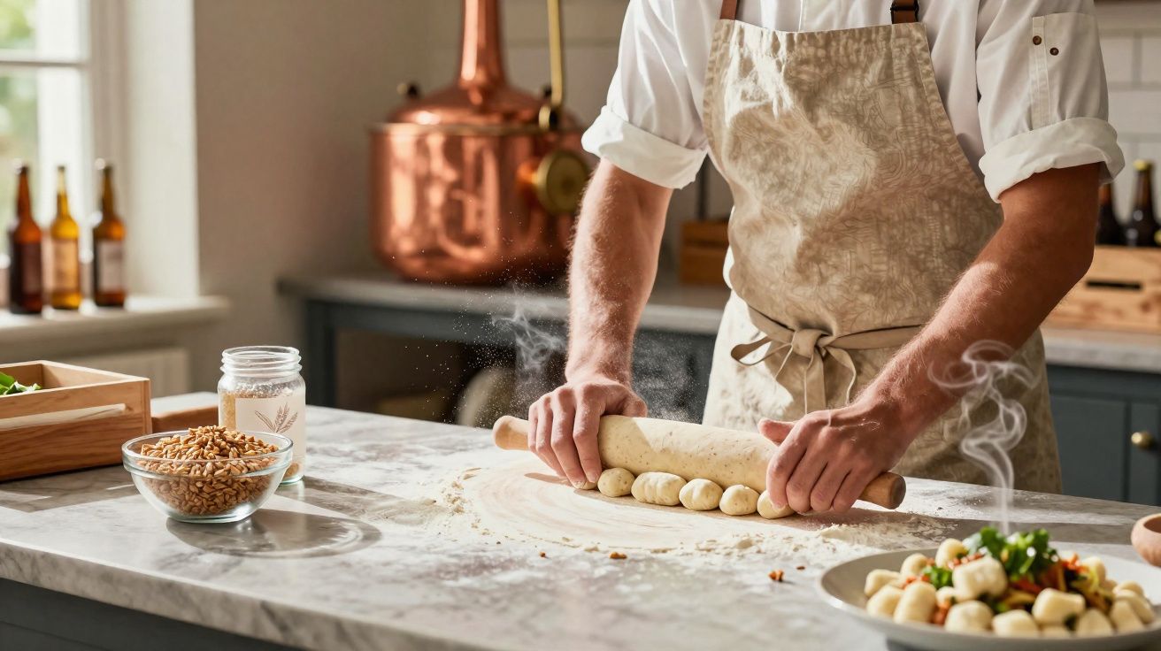 Pessoa amassando massa com rolo de madeira sobre bancada com ingredientes em cozinha caseira.