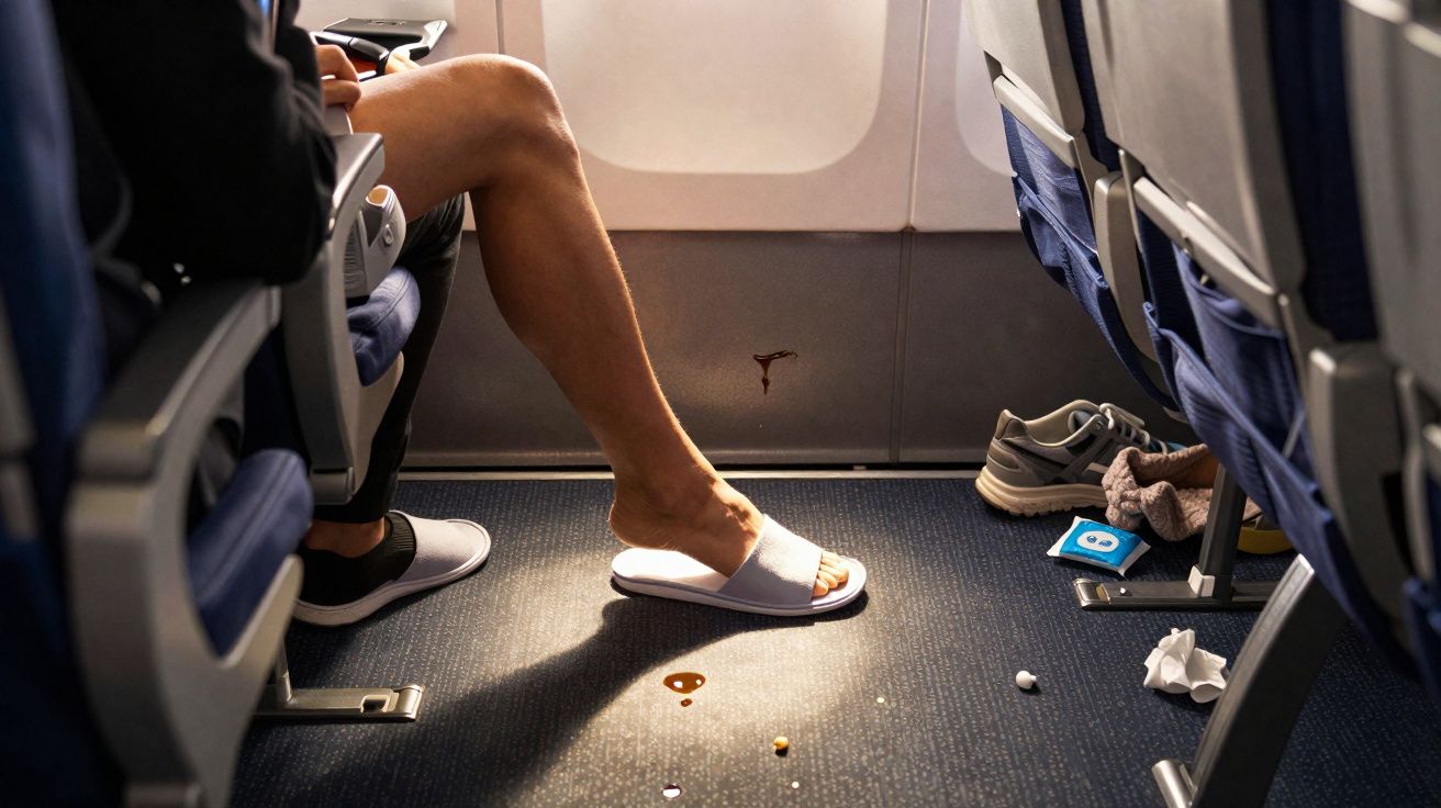 Piso sujo com manchas e lixo em assento de avião, pessoa com chinelos brancos sentada à esquerda.